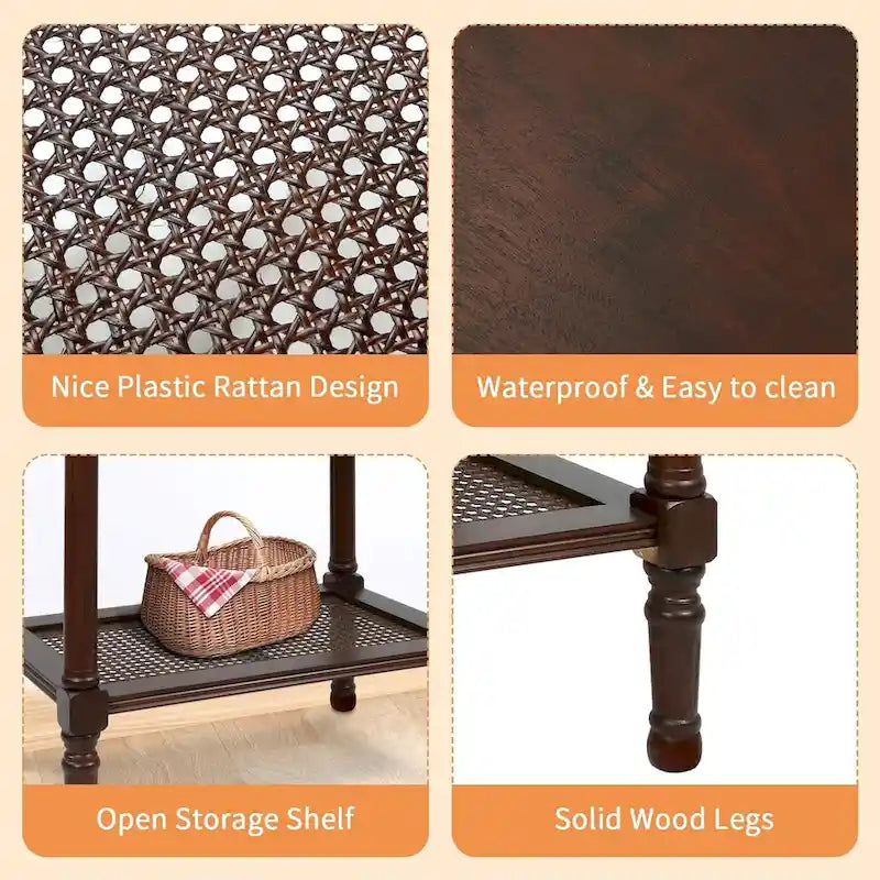 Cream Side Table with Rattan Shelf