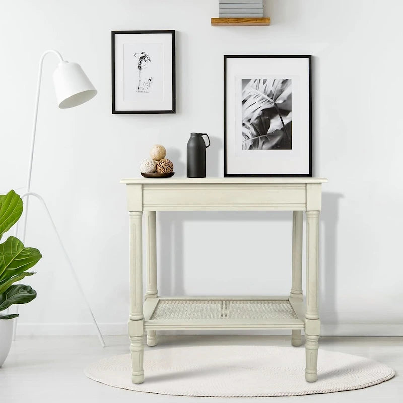 Cream Side Table with Rattan Shelf