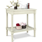 Cream Side Table with Rattan Shelf