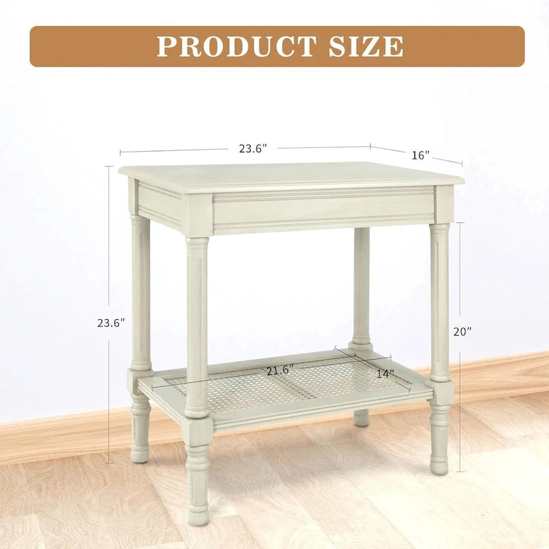 Cream Side Table with Rattan Shelf
