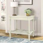 Cream Side Table with Rattan Shelf