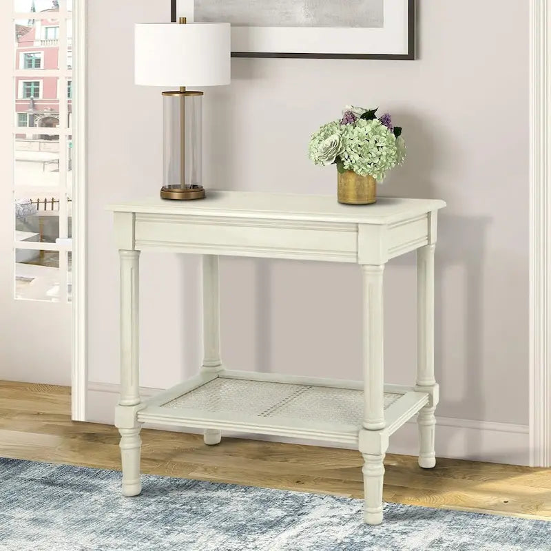 Cream Side Table with Rattan Shelf