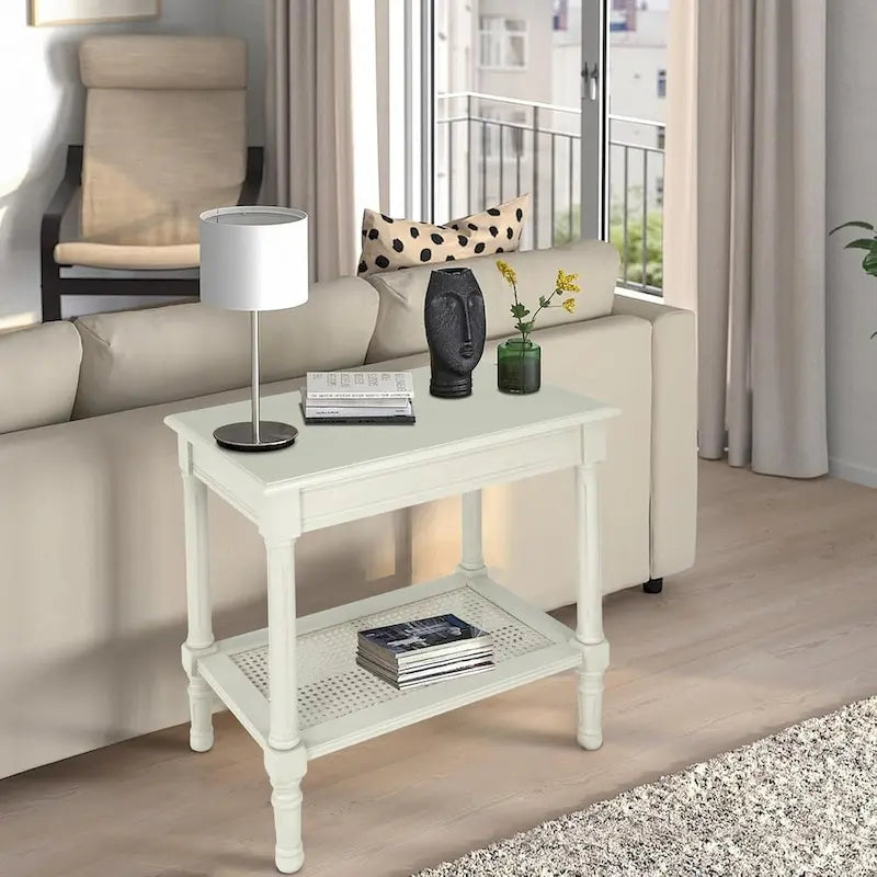 Cream Side Table with Rattan Shelf