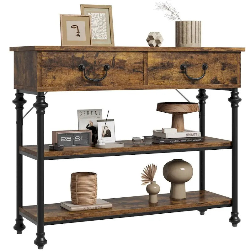 Narrow Console Table with Drawers and Shelves for Entryway