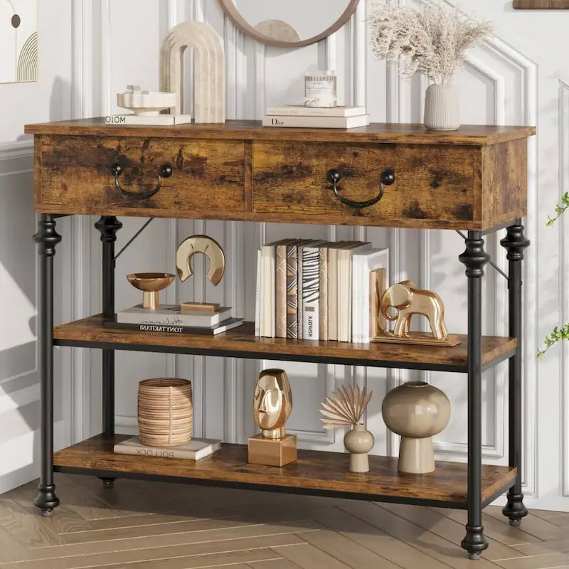 Narrow Console Table with Drawers and Shelves for Entryway