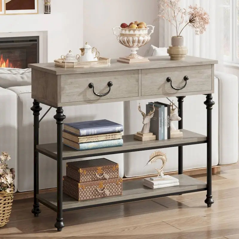 Narrow Console Table with Drawers and Shelves for Entryway