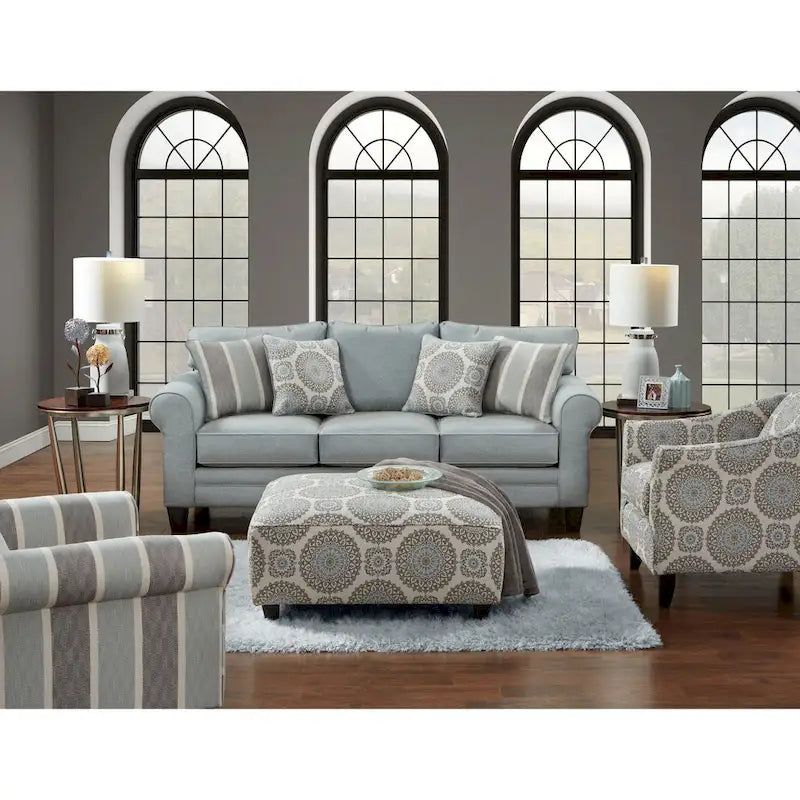 Round Arm Transitional Light Blue/Grey Sofa