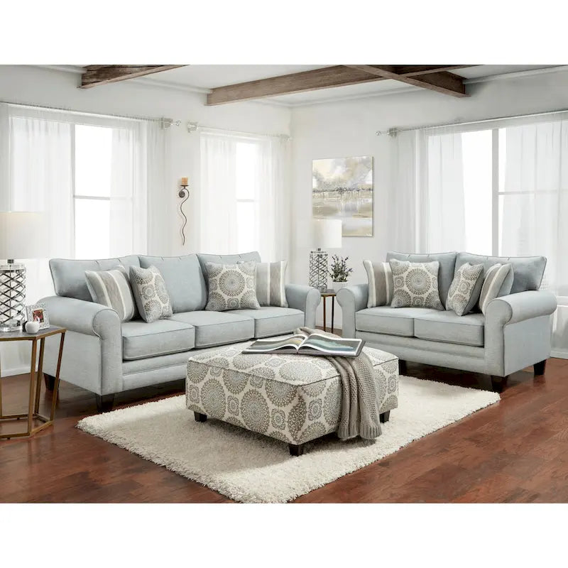 Round Arm Transitional Light Blue/Grey Sofa
