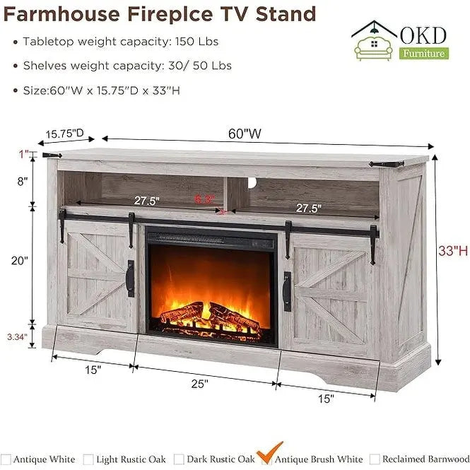 Farmhouse Fireplace TV Stand, Entertainment Center, Media Console