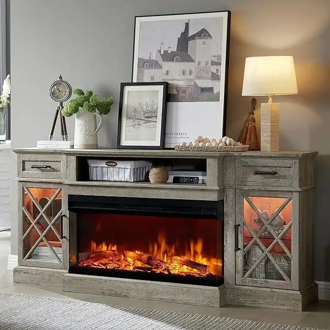 Farmhouse 3-Sided Electric Fireplace TV Stand, Entertainment Center