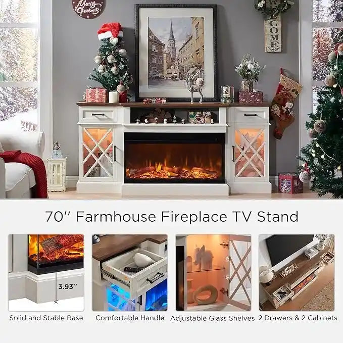 Farmhouse 3-Sided Electric Fireplace TV Stand, Entertainment Center