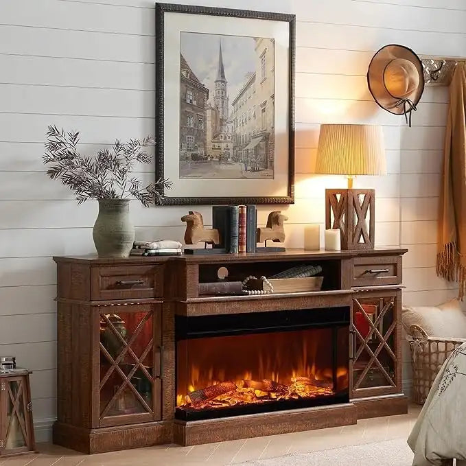 Farmhouse 3-Sided Electric Fireplace TV Stand, Entertainment Center