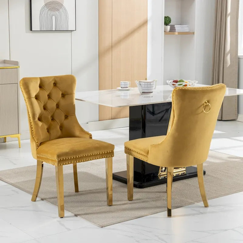 Set of 2 Velvet Dining Chairs with Nailhead Trim and Gold-Plated Legs