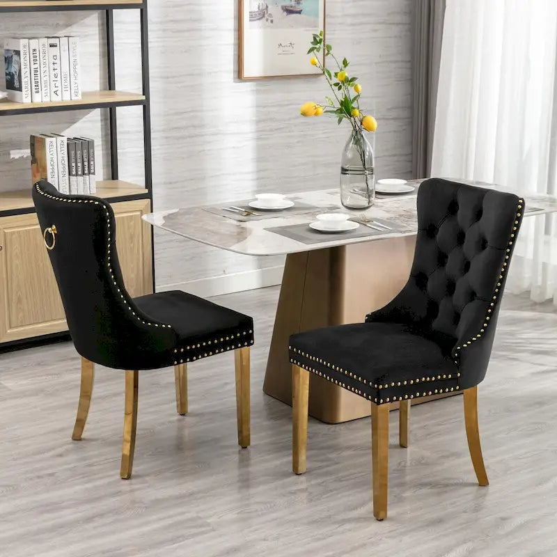 Set of 2 Velvet Dining Chairs with Nailhead Trim and Gold-Plated Legs