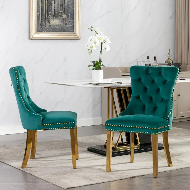 Set of 2 Velvet Dining Chairs with Nailhead Trim and Gold-Plated Legs