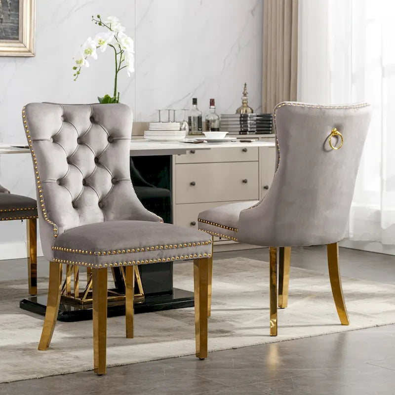 Set of 2 Velvet Dining Chairs with Nailhead Trim and Gold-Plated Legs