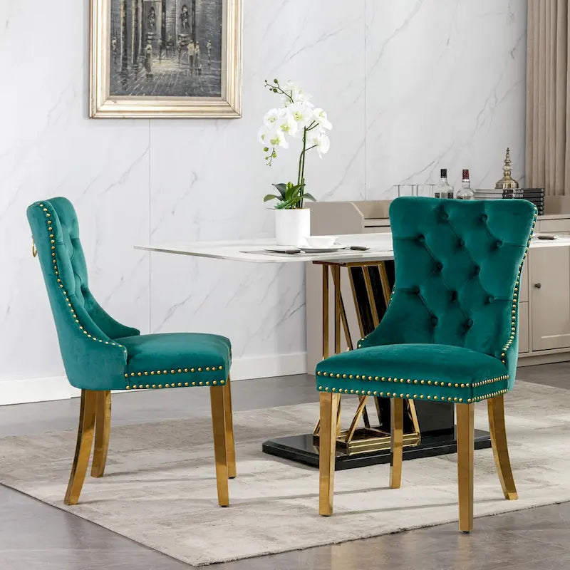 Set of 2 Velvet Dining Chairs with Nailhead Trim and Gold-Plated Legs