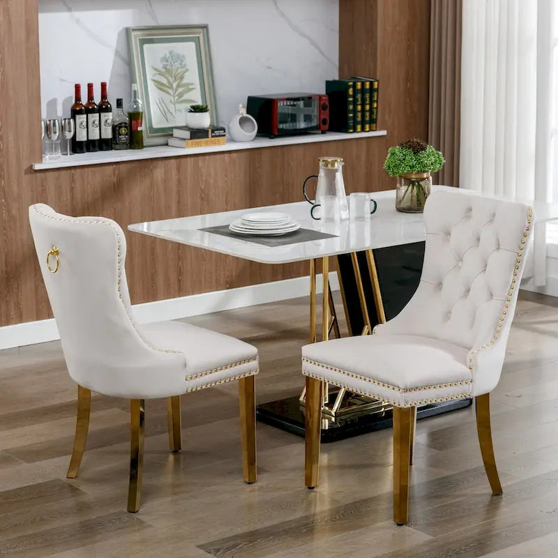 Set of 2 Velvet Dining Chairs with Nailhead Trim and Gold-Plated Legs