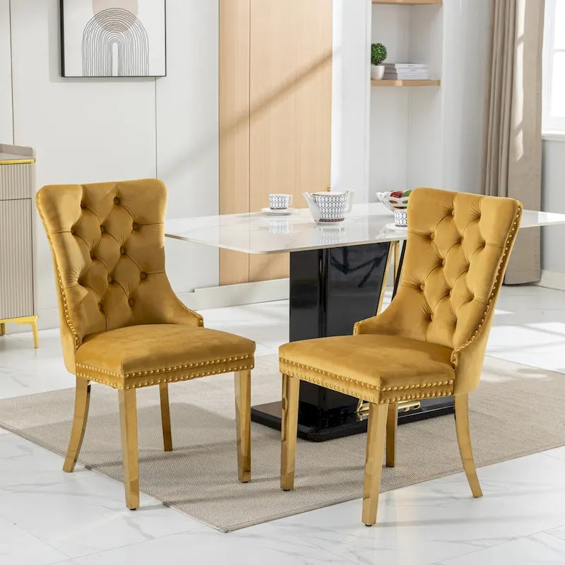 Set of 2 Velvet Dining Chairs with Nailhead Trim and Gold-Plated Legs