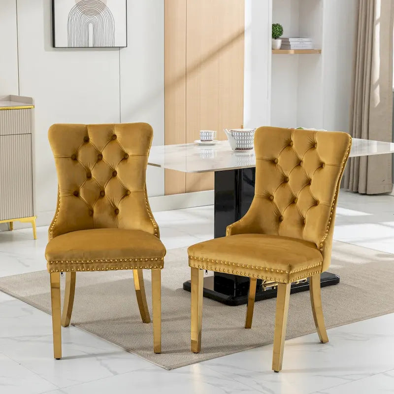 Set of 2 Velvet Dining Chairs with Nailhead Trim and Gold-Plated Legs