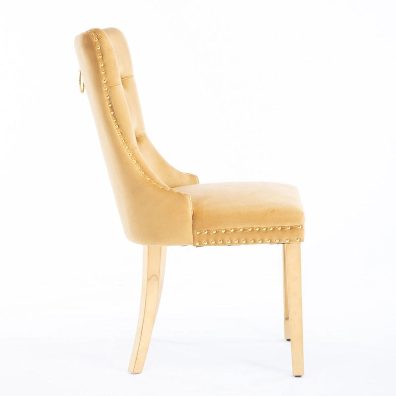 Set of 2 Velvet Dining Chairs with Nailhead Trim and Gold-Plated Legs