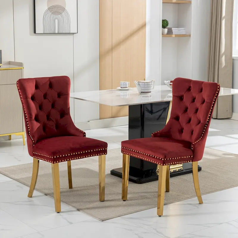 Set of 2 Velvet Dining Chairs with Nailhead Trim and Gold-Plated Legs