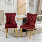 Set of 2 Velvet Dining Chairs with Nailhead Trim and Gold-Plated Legs