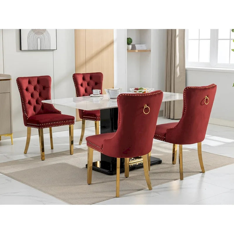 Set of 2 Velvet Dining Chairs with Nailhead Trim and Gold-Plated Legs