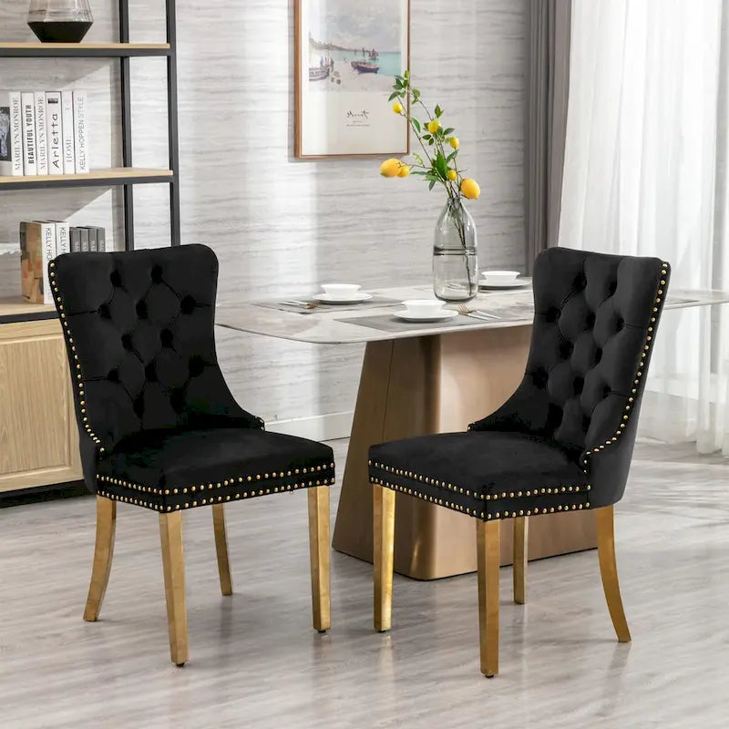 Set of 2 Velvet Dining Chairs with Nailhead Trim and Gold-Plated Legs
