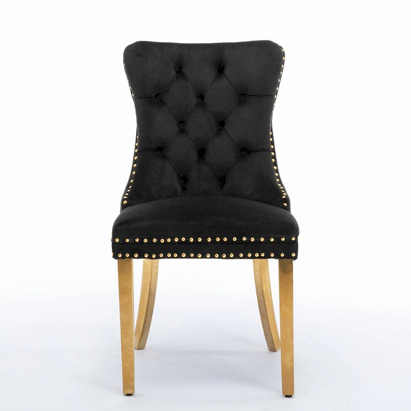 Set of 2 Velvet Dining Chairs with Nailhead Trim and Gold-Plated Legs