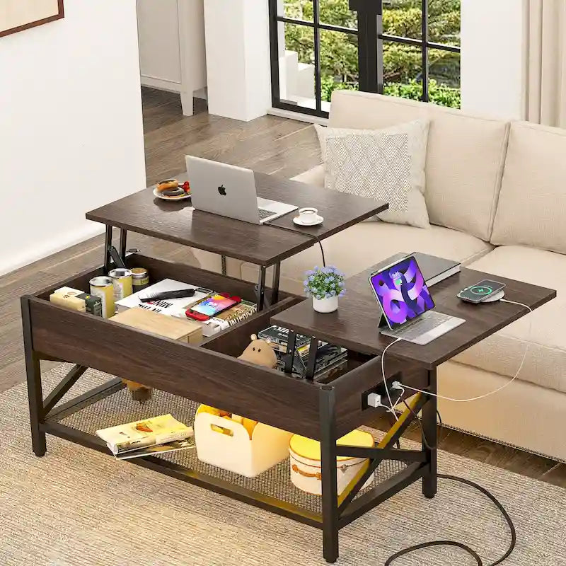 Modern Farmhouse Lift Top Coffee Table with USB Port and LED light, Living Room Accent Table