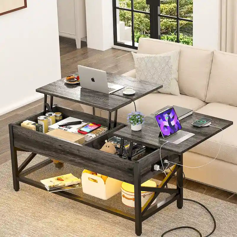 Modern Farmhouse Lift Top Coffee Table with USB Port and LED light, Living Room Accent Table