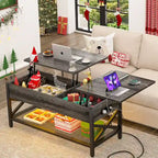 Modern Farmhouse Lift Top Coffee Table with USB Port and LED light, Living Room Accent Table