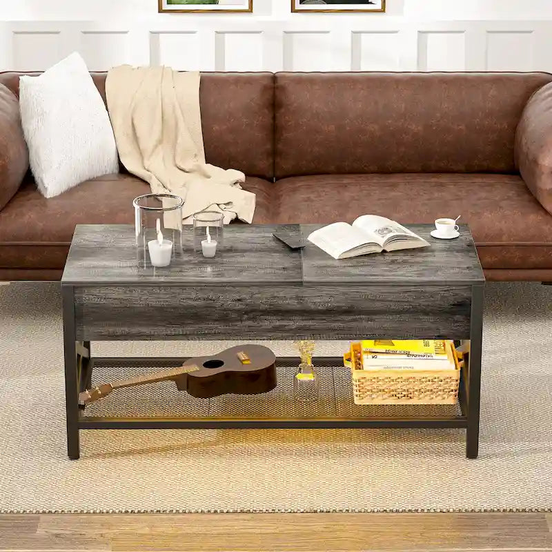 Modern Farmhouse Lift Top Coffee Table with USB Port and LED light, Living Room Accent Table
