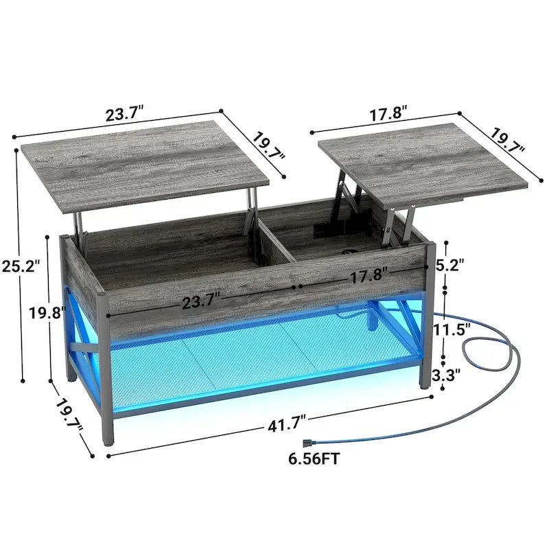 Modern Farmhouse Lift Top Coffee Table with USB Port and LED light, Living Room Accent Table