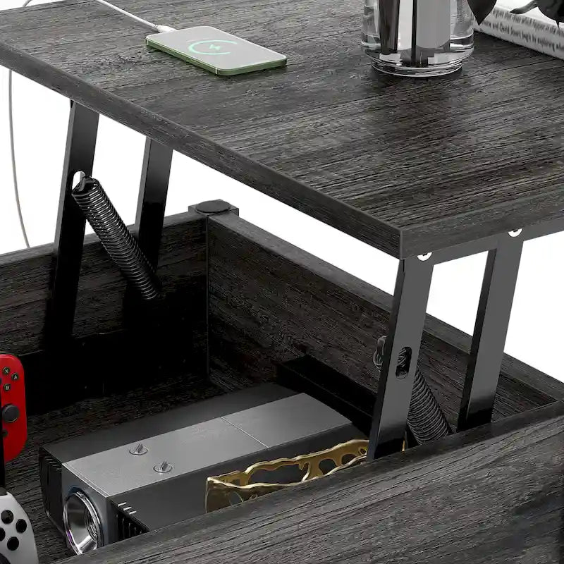 Modern Farmhouse Lift Top Coffee Table with USB Port and LED light, Living Room Accent Table