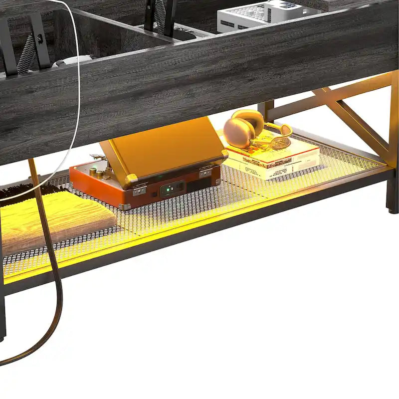 Modern Farmhouse Lift Top Coffee Table with USB Port and LED light, Living Room Accent Table