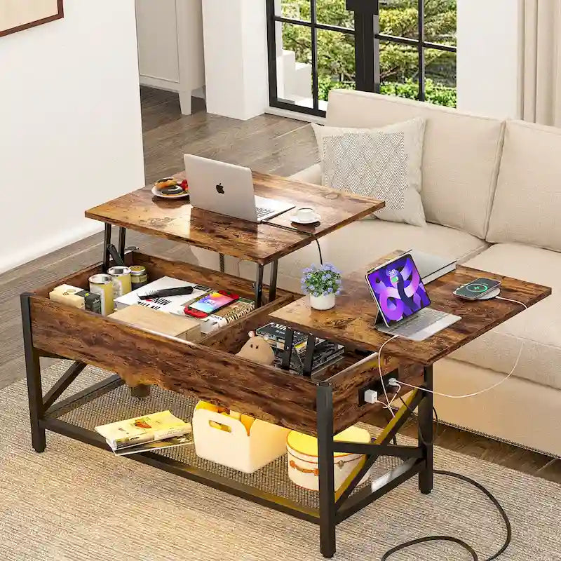 Modern Farmhouse Lift Top Coffee Table with USB Port and LED light, Living Room Accent Table