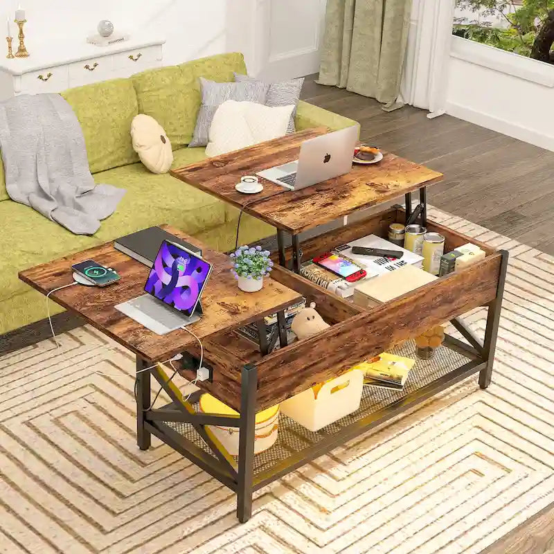 Modern Farmhouse Lift Top Coffee Table with USB Port and LED light, Living Room Accent Table