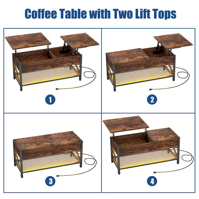 Modern Farmhouse Lift Top Coffee Table with USB Port and LED light, Living Room Accent Table