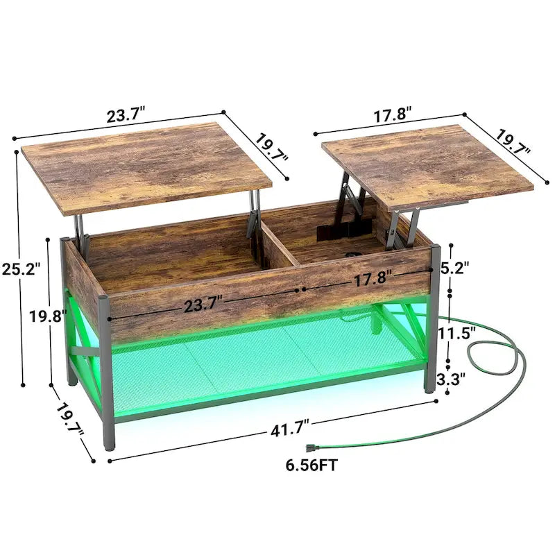 Modern Farmhouse Lift Top Coffee Table with USB Port and LED light, Living Room Accent Table