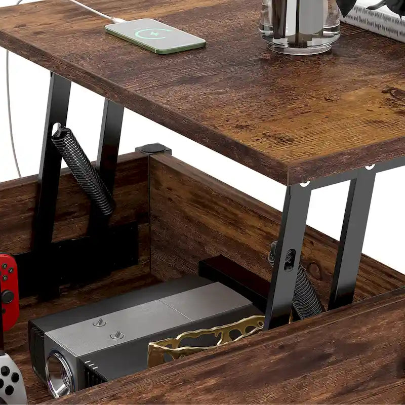 Modern Farmhouse Lift Top Coffee Table with USB Port and LED light, Living Room Accent Table