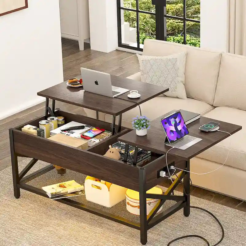 Modern Farmhouse Lift Top Coffee Table with USB Port and LED light, Living Room Accent Table