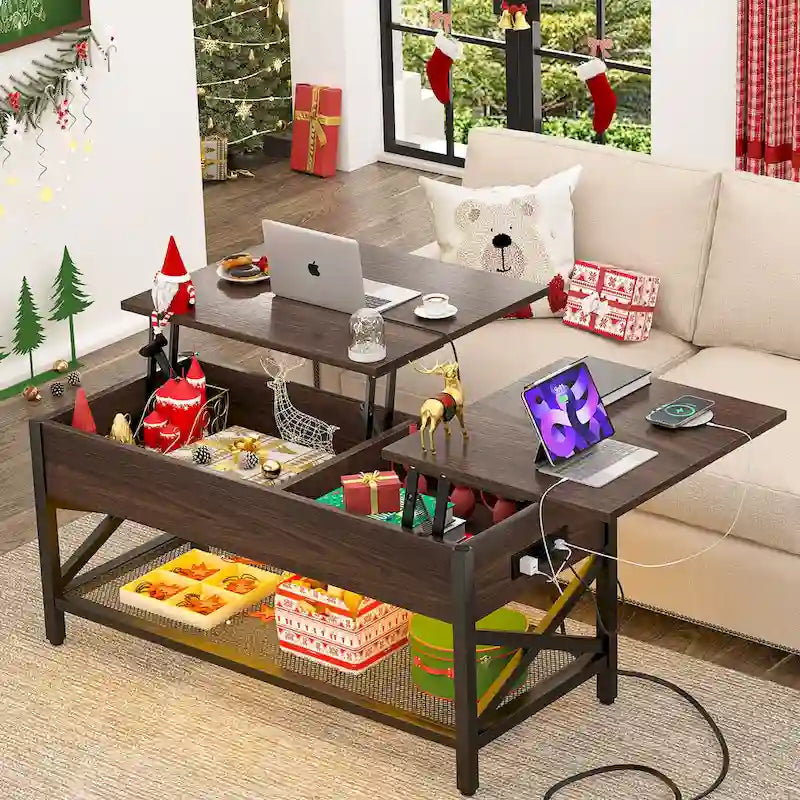 Modern Farmhouse Lift Top Coffee Table with USB Port and LED light, Living Room Accent Table