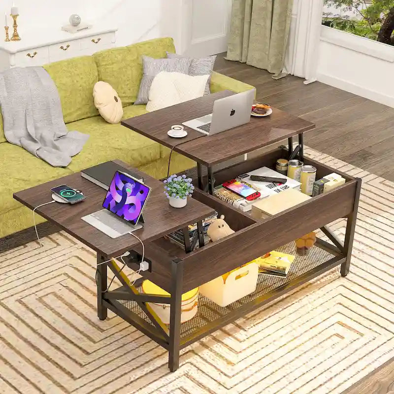 Modern Farmhouse Lift Top Coffee Table with USB Port and LED light, Living Room Accent Table