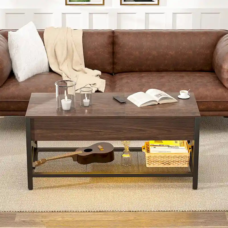 Modern Farmhouse Lift Top Coffee Table with USB Port and LED light, Living Room Accent Table
