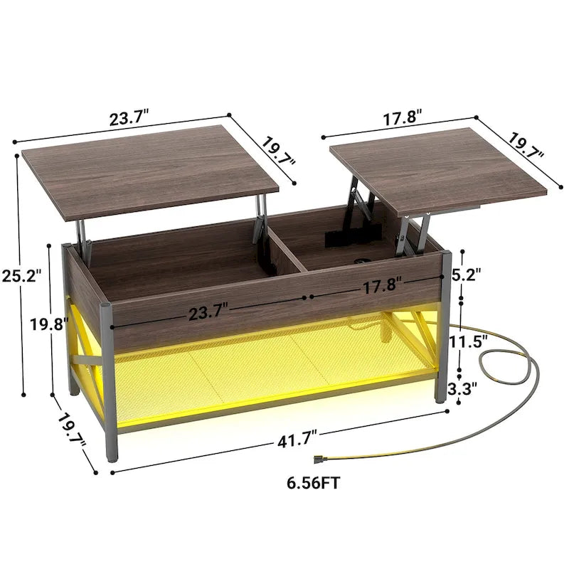 Modern Farmhouse Lift Top Coffee Table with USB Port and LED light, Living Room Accent Table