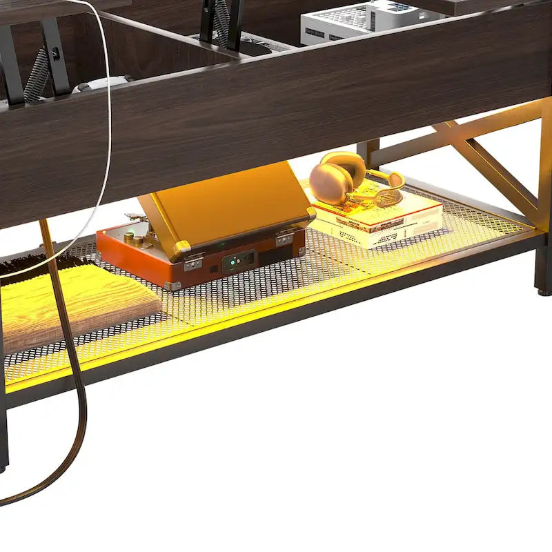 Modern Farmhouse Lift Top Coffee Table with USB Port and LED light, Living Room Accent Table