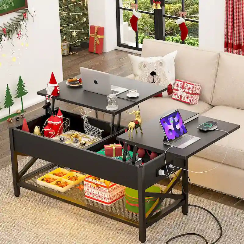 Modern Farmhouse Lift Top Coffee Table with USB Port and LED light, Living Room Accent Table