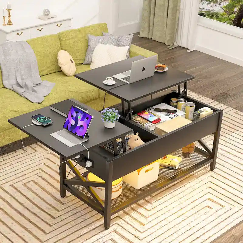 Modern Farmhouse Lift Top Coffee Table with USB Port and LED light, Living Room Accent Table